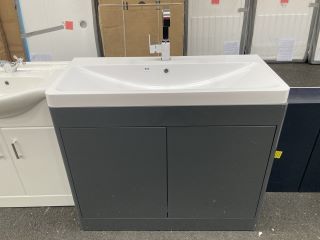 (COLLECTION ONLY) FLOOR STANDING 2 DOOR SINK UNIT IN GLOSS GREY WITH A 1000 X 455MM 1TH POLYMARBLE BASIN COMPLETE WITH A MONO BASIN MIXER TAP AND CHROME SPRUNG WASTE RRP £985: LOCATION - A5