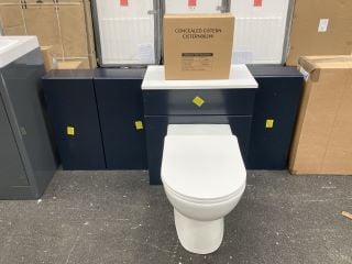 (COLLECTION ONLY) BATHROOM SUITE TO INCLUDE A 600 X 360MM TOILET UNIT IN INDIGO AND WHITE WITH BTW PAN, SEAT AND CONCEALED CISTERN FITTING KIT WITH A WALL MOUNTED 600MM WIDE 2 DOOR BATHROOM CABINET C