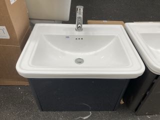 (COLLECTION ONLY) WALL HUNG 1 DRAWER SINK UNIT IN NAVY WITH A 630 X 480MM 1TH CERAMIC BASIN COMPLETE WITH A MONO BASIN MIXER TAP AND CHROME SPRUNG WASTE RRP £785: LOCATION - A6