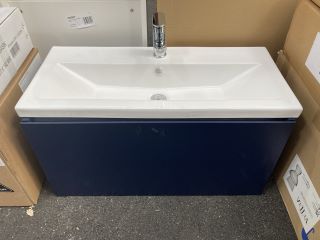 (COLLECTION ONLY) WALL HUNG 1 DRAWER SINK UNIT IN INDIGO WITH A 820 X 365MM 1TH CERAMIC BASIN COMPLETE WITH A MONO BASIN MIXER TAP AND CHROME SPRUNG WASTE RRP £875: LOCATION - A3