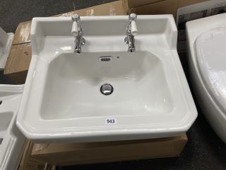 (COLLECTION ONLY) 560MM WIDE 2TH TRADITIONAL STYLED CERAMIC BASIN WITH A PAIR OF TRADITIONAL LEVER ACTION PILLAR TAPS IN CHROME WITH SPRUNG WASTE RRP £440: LOCATION - A5