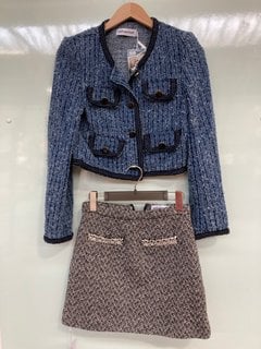 SELF PORTRAIT WOMENS DENIM TEXTURED JACKET IN BLUE - SIZE UK 8 TO ALSO INCLUDE SELF PORTRAIT WOMENS HERRINGBONE MINI SKIRT IN BLACK - SIZE UK 6 - COMBINED RRP £550: LOCATION - A1