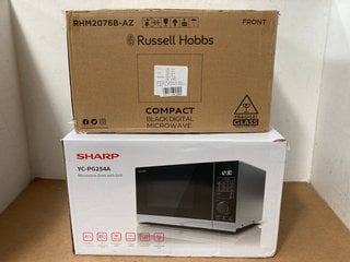 RUSSELL HOBBS COMPACT MICROWAVE OVEN IN BLACK TO ALSO INCLUDE SHARP YC-PG254A MICROWAVE OVEN WITH GRILL IN SILVER: LOCATION - A5