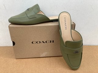 COACH WOMENS SAMIE LEATHER SLIDERS IN MILITARY GREEN - SIZE UK 7.5 - RRP £195: LOCATION - B9