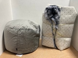 SMALL VELVET POUFE IN GREY TO INCLUDE LARGE RUUG IN VARIOUS SHADES OF GREY: LOCATION - C14