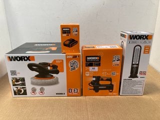 4 X ASSORTED WORX TOOLS TO INCLUDE WORX WXO92.9 MULTI-FUNCTION INFLATOR: LOCATION - A1