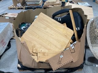 PALLET OF ASSORTED ITEMS TO INCLUDE LEATHER/FABRIC OFFICE SWIVEL CHAIR IN BLACK: LOCATION - A6 (KERBSIDE PALLET DELIVERY)