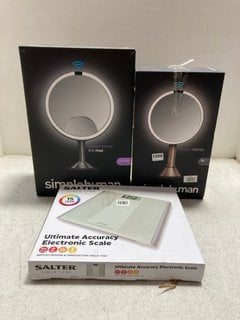 2 X SIMPLEHUMAN RING LIGHT SENSOR MIRRORS TO INCLUDE SALTER ULTIMATE ACCURACY ELECTRONIC SCALE: LOCATION - AR4