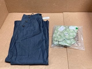 BLOCK LEAF GREEN PYJAMAS - SIZE UK XL TO INCLUDE KAREN MILLEN TAILORED DENIM BUTTON DETAIL WIDE LEG TROUSERS - SIZE 16: LOCATION - AR11