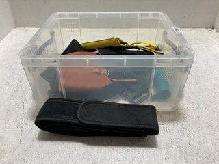 A BOX OF SHOOTING ACCESSORIES, PISTOL HOLSTERS ETC: LOCATION - AR15