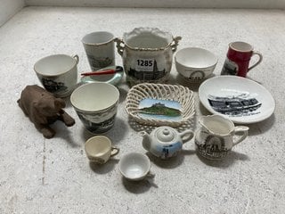 A COLLECTION OF EDWARDIAN AND VICTORIAN SEASIDE SOUVENIR CHINA TO INCLUDE AN AYNSLEY CHINA BABY BULL ELEPHANT: LOCATION - AR17