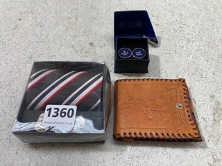 CUFFLINKS, A TIE AND A LEATHER WALLET: LOCATION - AR19