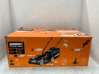 WORX CORDLESS LAWN MOWER WITH 2 IN 1 GRASS EDGE TRIMMER IN BLACK/ORANGE MODEL: WG927E - RRP: £220: LOCATION - D4