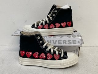 CONVERSE COMME DES GARCONS UNISEX LOGO PRINT HIGH TOPS IN BLACK SIZE: 5 RRP - £140: LOCATION - BOOTH