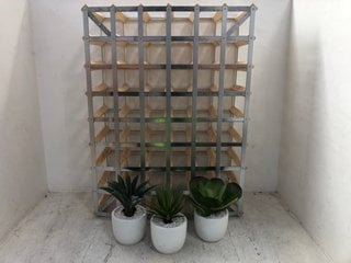 3 X POTTED ARTIFICIAL PLANTS & CRANVILLE WINE RACK: LOCATION - D17