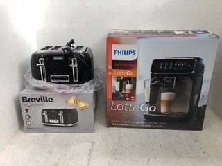 QTY OF ASSORTED KITCHEN ITEMS TO INCLUDE PHILIPS 3200 SERIES LATTEGO & BREVILLE CURVE COLLECTION BLACK GLOSS 4 SLICE TOASTER: LOCATION - C18