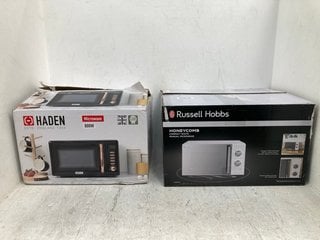 HADEN 800W MICROWAVE IN BLACK TO INCLUDE RUSSELL HOBBS HONEYCOMB MICROWAVE IN WHITE MODEL: W-U011240041-B: LOCATION - C2