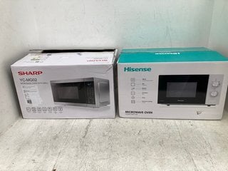 SHARP MICROWAVE OVEN WITH GRILL IN SILVER MODEL: YC-MG02 TO INCLUDE HISENSE MICROWAVE OVEN IN WHITE MODEL: H20MOWP1UK: LOCATION - C2