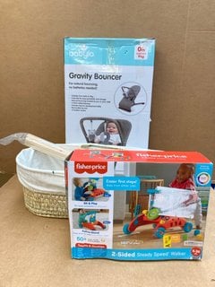 3 X BABY ITEMS TO INCLUDE BABYLO GRAVITY BOUNCER IN GREY: LOCATION - C1