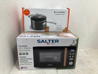 SALTER TORONTO 20L DIGITAL MICROWAVE IN BLACK MODEL: EK5932BLK TO INCLUDE LE CREUSET SAUCEPAN CASSEROLE IN BLACK: LOCATION - B2