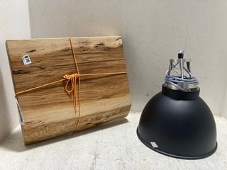 BLACK CEILING LIGHT SHADE TO INCLUDE WOODEN TRAY BASE: LOCATION - A14