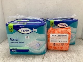 3 X TENA BED SECURE ZONE WATERPROOF PADS TO INCLUDE PURA 22 NAPPIES - SIZE 5: LOCATION - D2