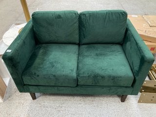 JOHN LEWIS & PARTNERS EAVIS SMALL 2 SEATER SOFA IN EMERALD GREEN PLUSH VELVET WITH DARK WOOD LEGS - RRP £429: LOCATION - D1