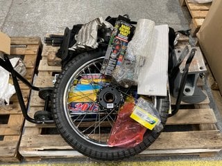 PALLET OF ASSORTED ITEMS TO INCLUDE MOTORCYCLE WHEEL WITH DUNLOP UNIVERSAL OFF ROAD STYLE TYRE: LOCATION - A6 (KERBSIDE PALLET DELIVERY)