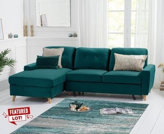 FLORENCE LEFT FACING CHAISE SOFA BED GREEN VELVET - RRP £1099: LOCATION - B3