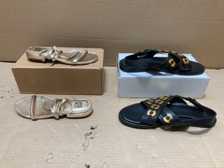 WOMENS BLACK SANDALS WITH GOLD DETAILS TO INCLUDE GOLD SHINE SANDALS - SIZES UK 9.5/4: LOCATION - BR12