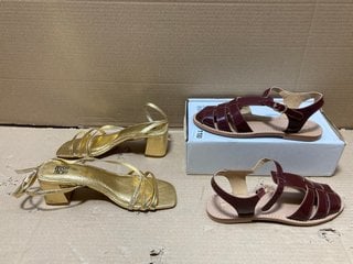 WOMENS GOLD DETAIL HEELED SHOES TO INCLUDE LEATHER SANDALS IN WINE RED - SIZES UK 6.5/5: LOCATION - BR12