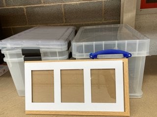 QTY OF ASSORTED PLASTIC STORAGE BOXESTO INCLUDE 3 PHOTO PICTURE FRAME: LOCATION - AR14