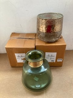 QTY OF ASSORTED NKUKU HOMEWARE TO INCLUDE KONARA LARGE TEALIGHT HOLDER IN ANTIQUE COPPER SMOKE GLASS FINISH: LOCATION - CR1