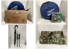 BOX OF ASSORTED CAMPING ITEMS TO INCLUDE ACTIVE ERA PITCH & GO 3.0