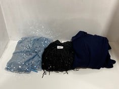 3 X WOMEN'S DRESSES TO INCLUDE RARE LONDON BLUE LONG SLEEVE SEQUIN DRESS IN UK SIZE 6