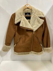 HOLLISTER CALIFORNIA WOMENS SUEDE JACKET IN CAMEL BROWN/WHITE - SIZE XS