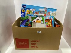 BOX OF ASSORTED TOYS TO INCLUDE VTECH TOOT TOOT DRIVERS FIX AND FUEL GARAGE