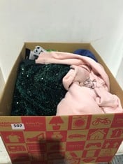 BOX OF ASSORTED ADULTS CLOTHING TO INCLUDE OASIS SEQUIN SKIRT IN GREEN SIZE M