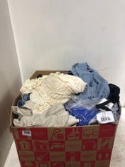 BOX OF ASSORTED ADULTS CLOTHING TO INCLUDE MANGO WIDE LEG JEANS SIZE 44