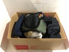 BOX OF ASSORTED CLOTHING TO INCLUDE MENS BLACK CHAMPION JOGGERS SIZE LARGE