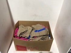 BOX OF ASSORTED WOMENS CLOTHING TO INCLUDE PINK OVERSHIRT SIZE XL