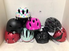 8 X ASSORTED BIKE HELMETS TO INCLUDE ESSENTIALS KIDS BIKE HELMET PINK - SIZE 46-54CM