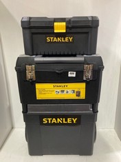 STANLEY MOBILE WORK CENTER WITH METAL LATCHES TO INCLUDE STANLEY ESSENTIAL TOOLBOX WITH PLASTIC LATCHES