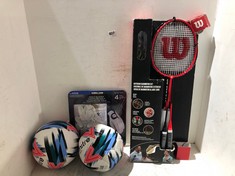 4 X ASSORTED SPORTS ITEMS TO INCLUDE WILSON SET OF 4 BADMINTON RACKETS