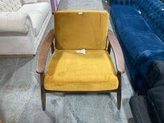 DEMURE ARMCHAIR IN YELLOW VELVET WITH DARK OAK ARMS / LEGS - RRP £472