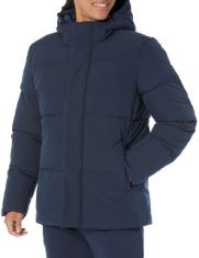 X2 ASSORTED COATS TO INCLUDE ESSENTIALS MEN'S RECYCLED POLYESTER MID-LENGTH HOODED PUFFER (AVAILABLE IN BIG & TALL), NAVY, XXL, ESSENTIALS MEN'S RECYCLED POLYESTER MID-LENGTH HOODED PUFFER (AVAILABLE