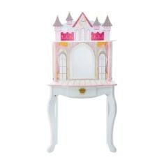 TEAMSON KIDS DREAMLAND PRINCESS PLAY VANITY SET WITH MIRROR, SHELF, STORAGE DRAWER, STOOL, AND ACCESSORIES FOR 12" DOLLS, WHITE AND PINK.