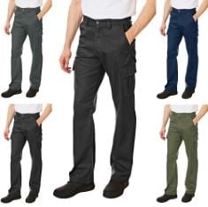 BOX OF X2 PAIRS OF WORK TROUSERS TO INCLUDE LEE COOPER MEN'S LCPNT205 HEAVY DUTY EASY CARE MULTI POCKET WORK SAFETY CLASSIC CARGO PANTS TROUSERS, BLACK, 34W / 33L, TUFFSTUFF - PRO WORK REGULAR TROUSE