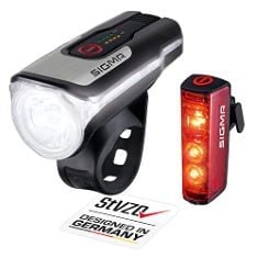 BOX OF ASSORTED SPORT ITEMS TO INCLUDE SIGMA SPORT AURA 80 AND BLAZE LED BIKE LIGHT SET, STVZO-APPROVED, BATTERY-POWERED FRONT LIGHT AND REAR LIGHT WITH BRAKE FUNCTION, BLACK, FAHRER UNISEX - ADULT B