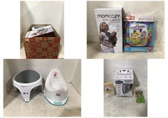 BOX OF ASSORTED BABY ITEMS TO INCLUDE MOMCOZY BABY CARRIER 3-24MTHS